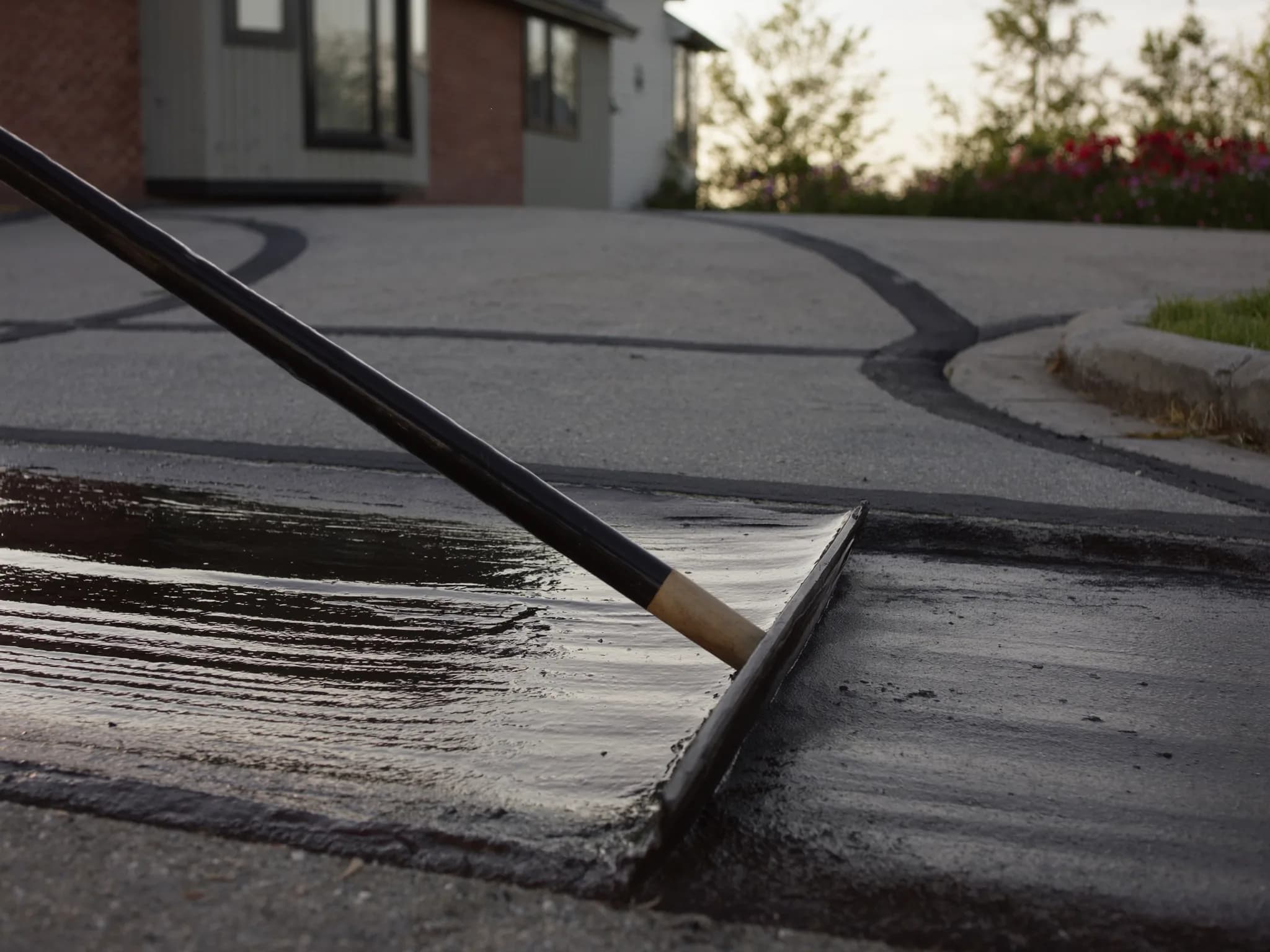 Application du scellant sur une entrée d'asphalte au squeegee, couche par couche